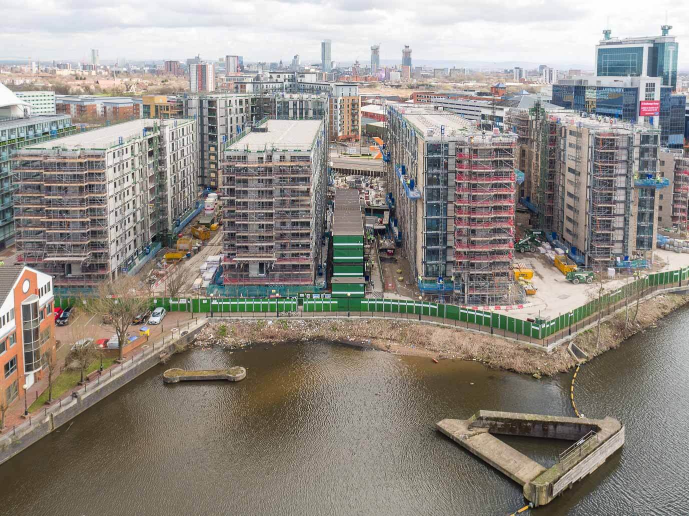Midi Photography - Aerial drone photography - Construction progress at Clippers Quay, Salford Quays for Cara Brickwork