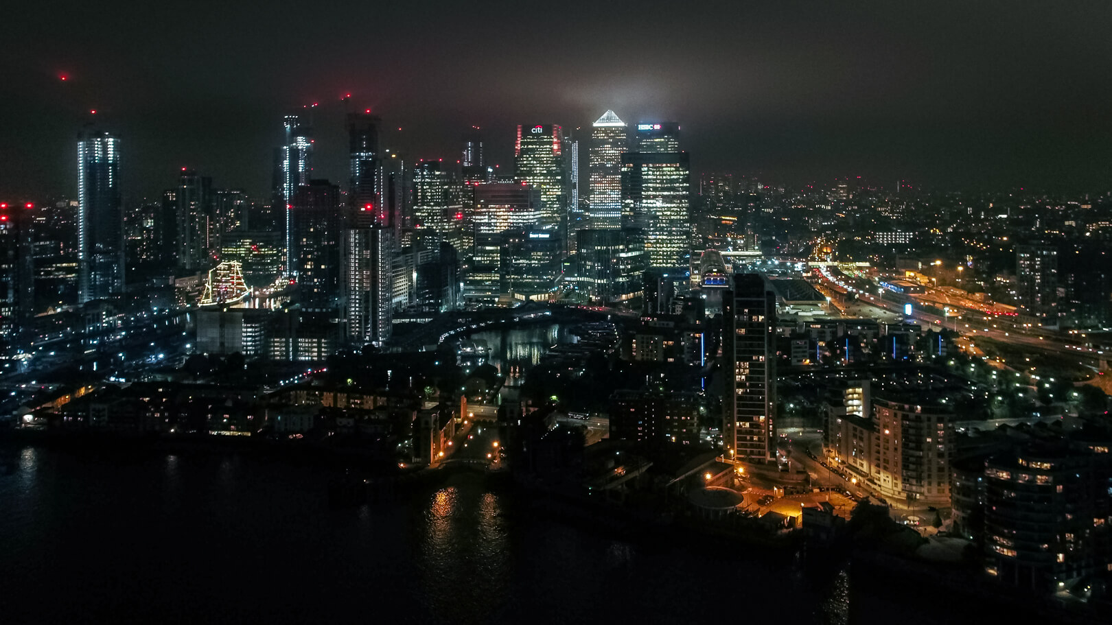 Commercial architecture, interior & aerial photography - Aerial drone photography at night, Canary Wharf, London