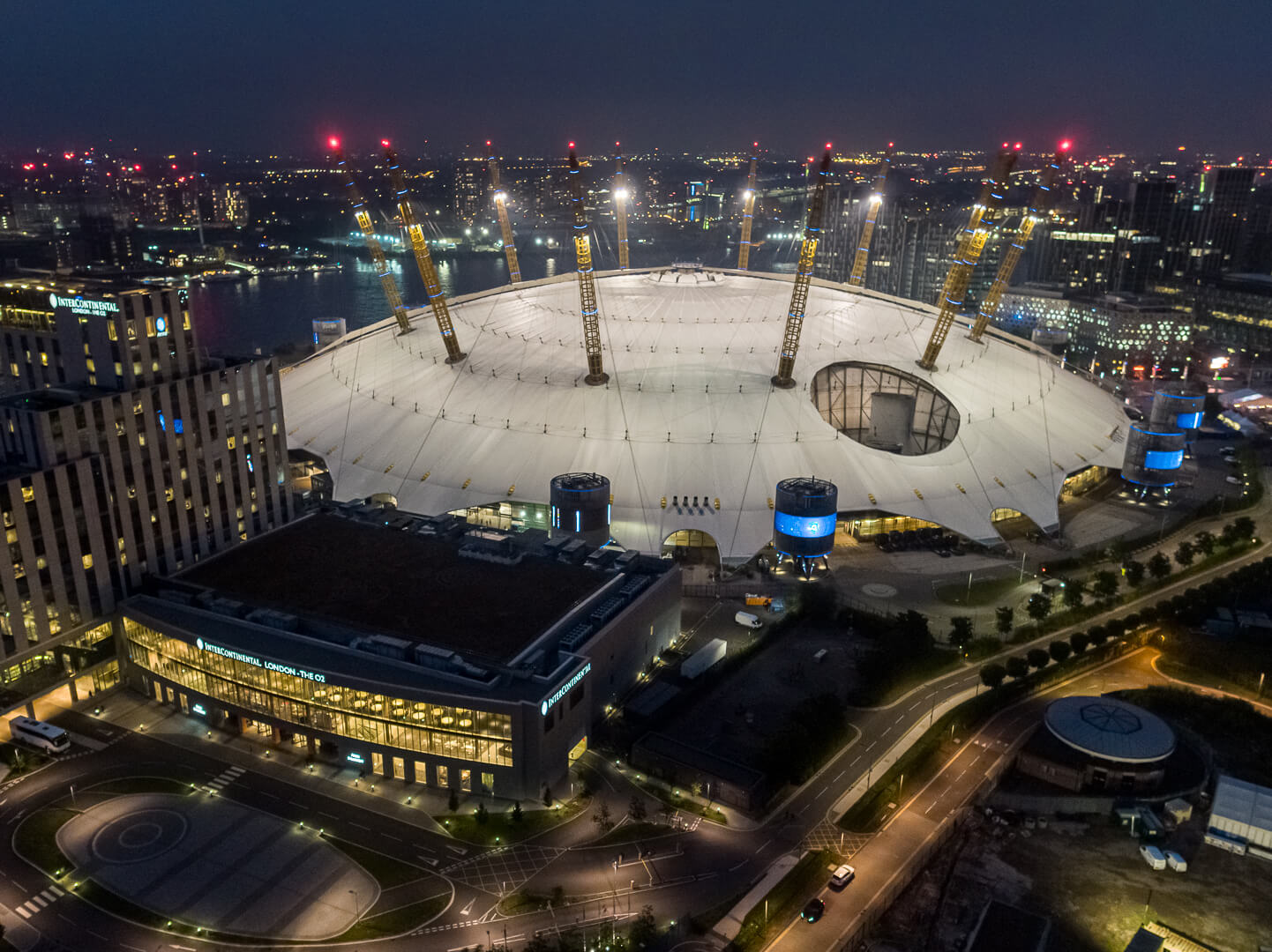 Commercial architecture, interior & aerial photography - Aerial drone photography at night, O2 Arena, London