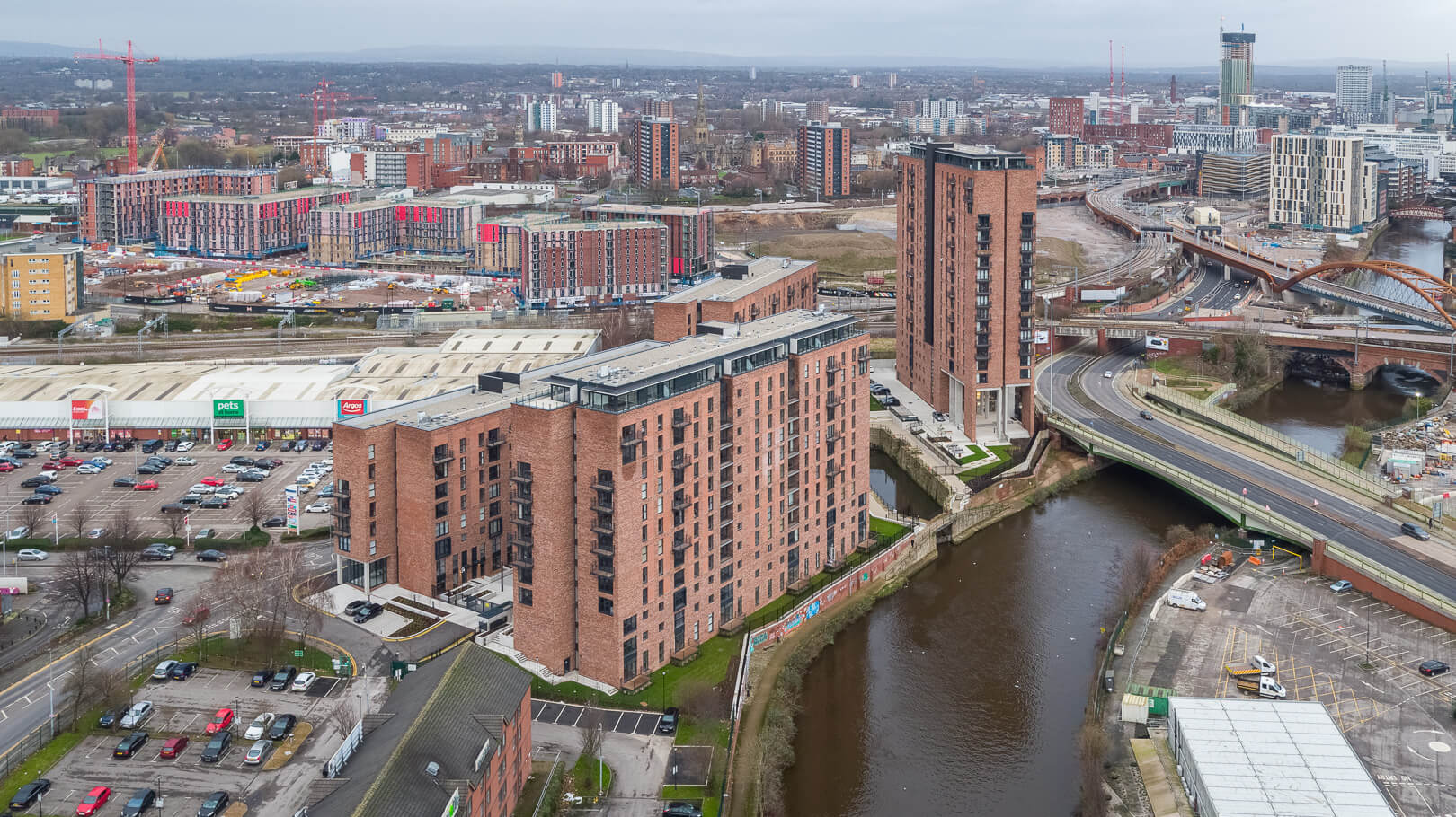 Aerial Drone Photography - New construction of Wilburn Basin & construction progress at Middlewood Locks, Salford / Manchester for Cara Group - Midi Photography
