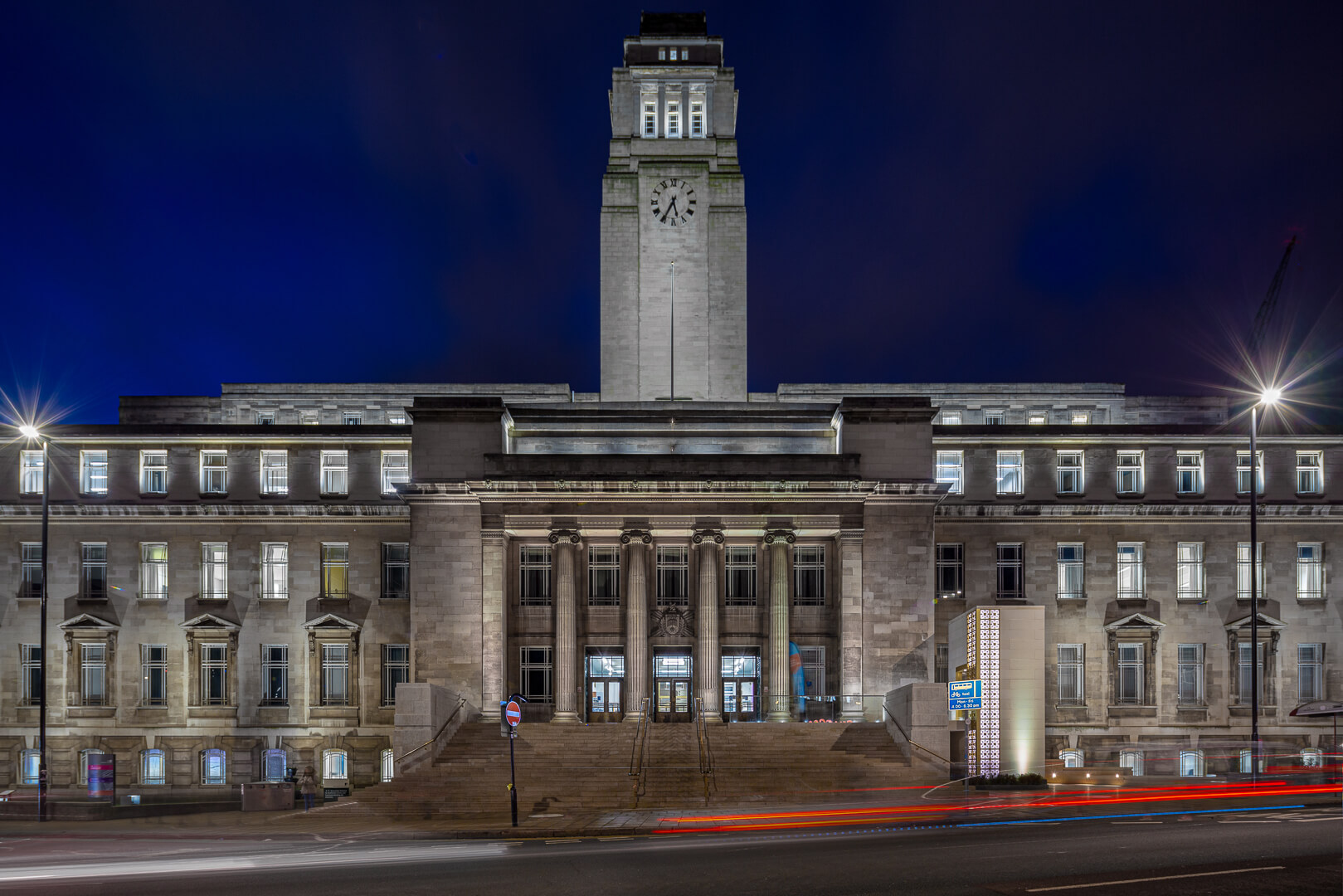 Commercial architecture and interior photography - Twilight image of the Parkinson Building, University of Leeds