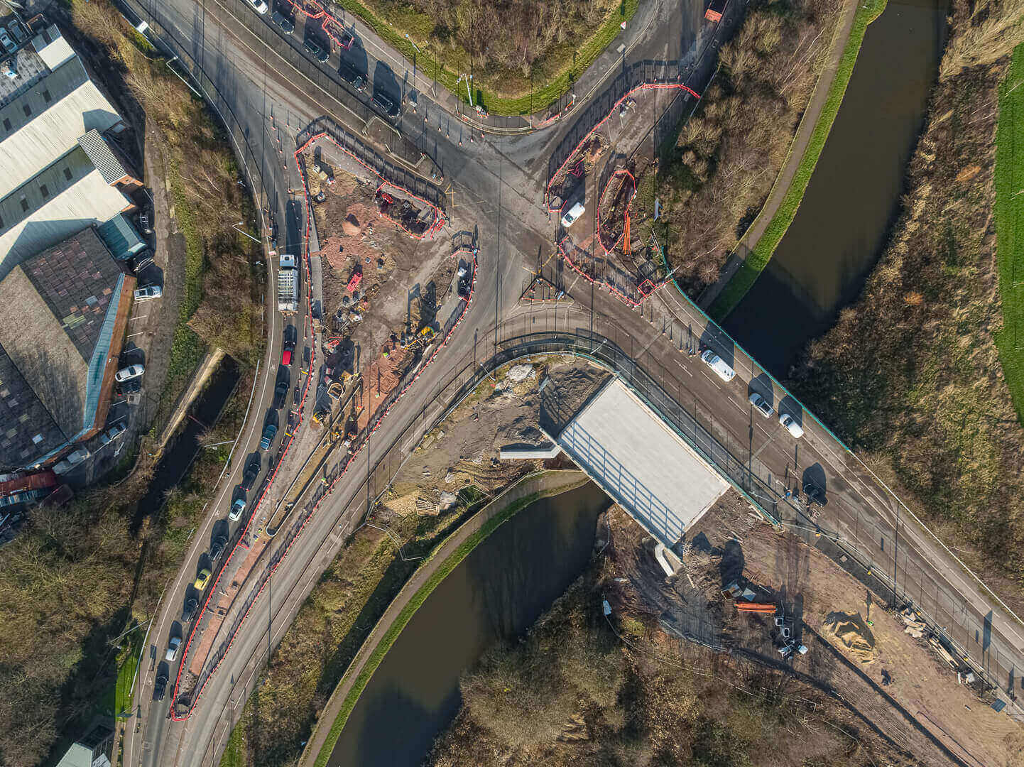 Aerial drone photography of highways improvements scheme, Wigan, Greater Manchester - For Jones Bros