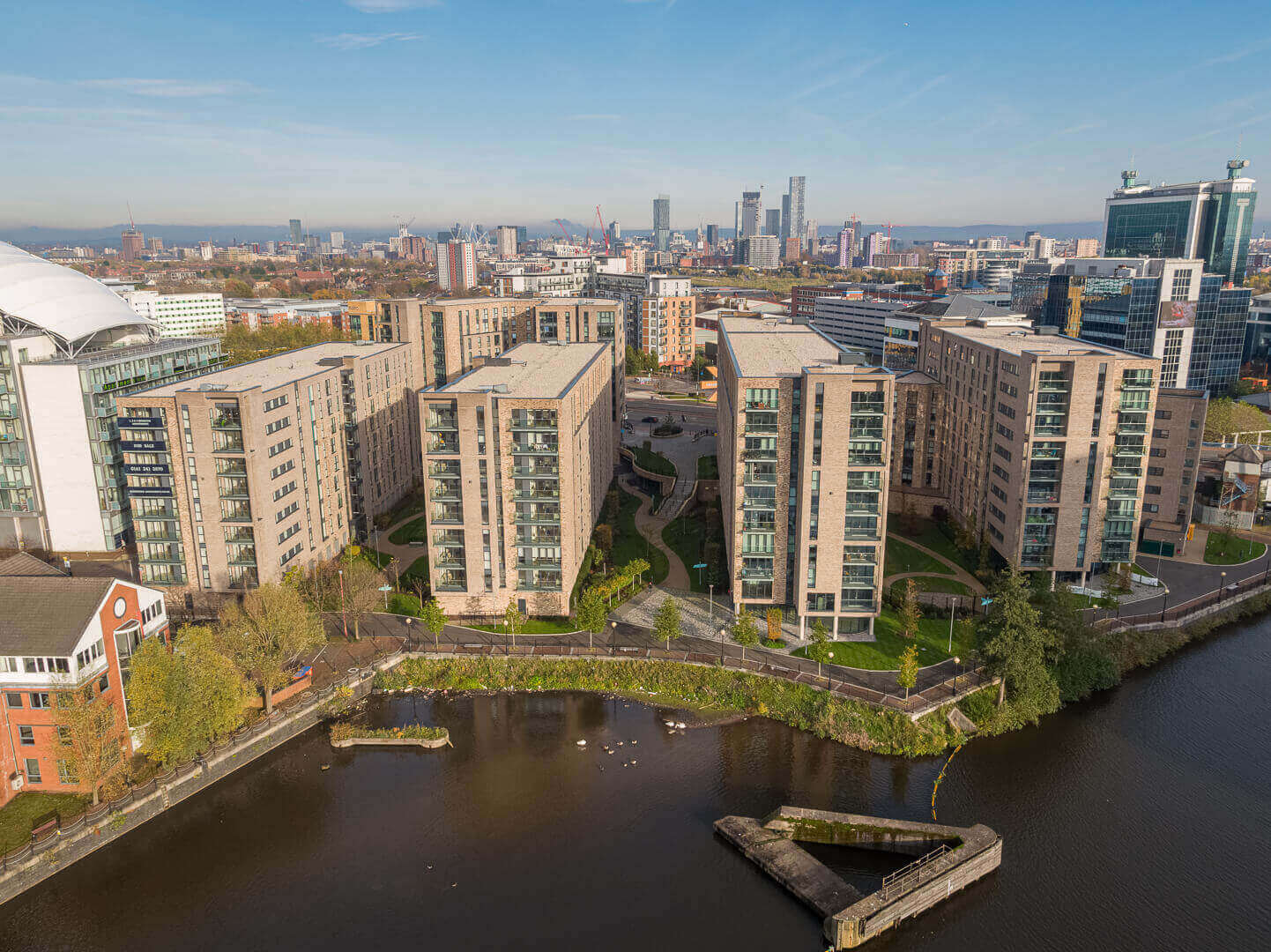 Aerial drone photography of Clippers Quay residential construction development, Salford