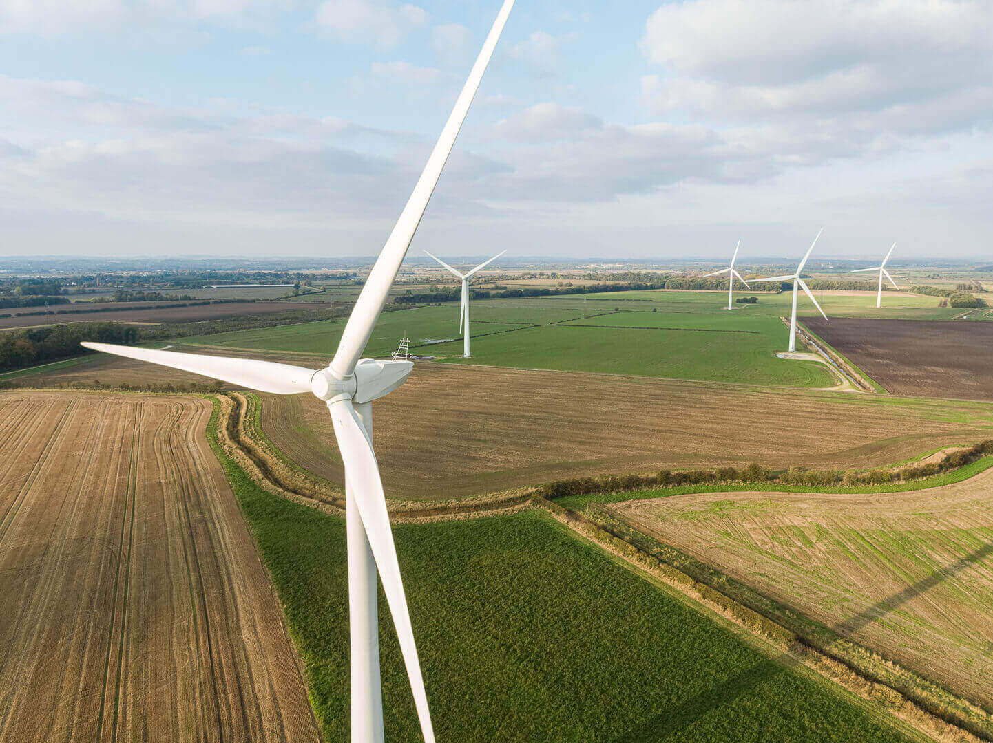 Aerial drone survey photography of a wind turbine at Hall Farm Wind Farm, Routh, Yorkshire