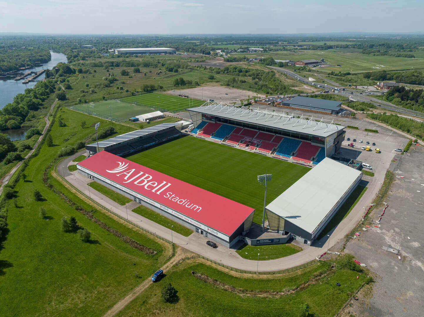 Aerial drone photography of AJ Bell Stadium, Manchester - Home of Salford Red Devils and Sale Sharks rugby clubs for Peel Group - Midi Photography