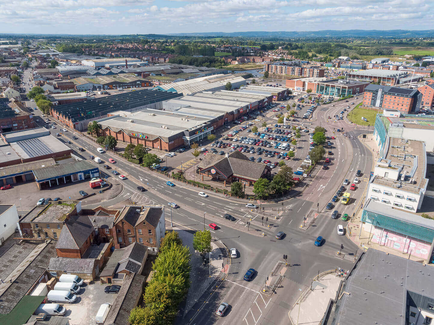 Aerial drone photography of Gloucester Retail Park for Peel Group - Midi Photography