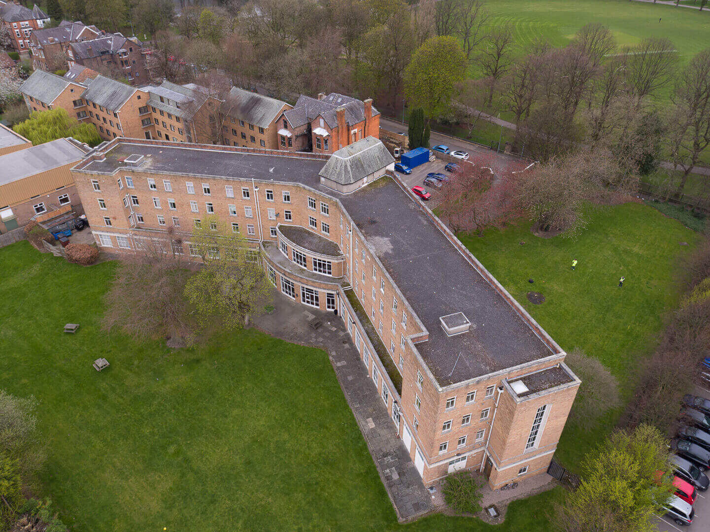Aerial drone roof and window survey at Montgomery Hall, Manchester