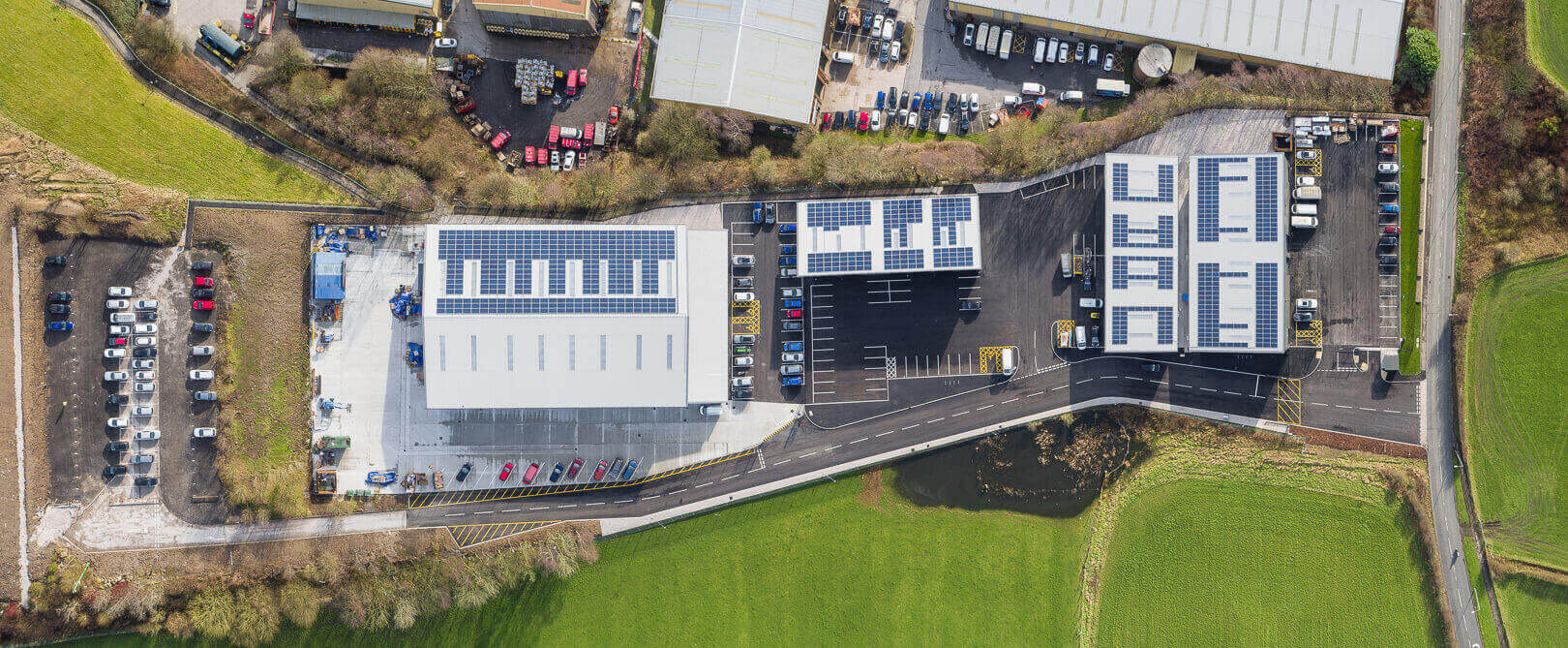 Aerial drone photography of Top Deck industrial development, Bolton