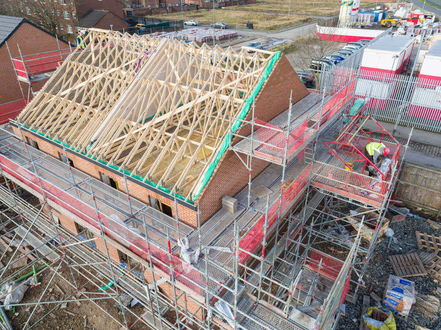 Aerial drone photography of construction progress at Toxteth Street residential development, Manchester