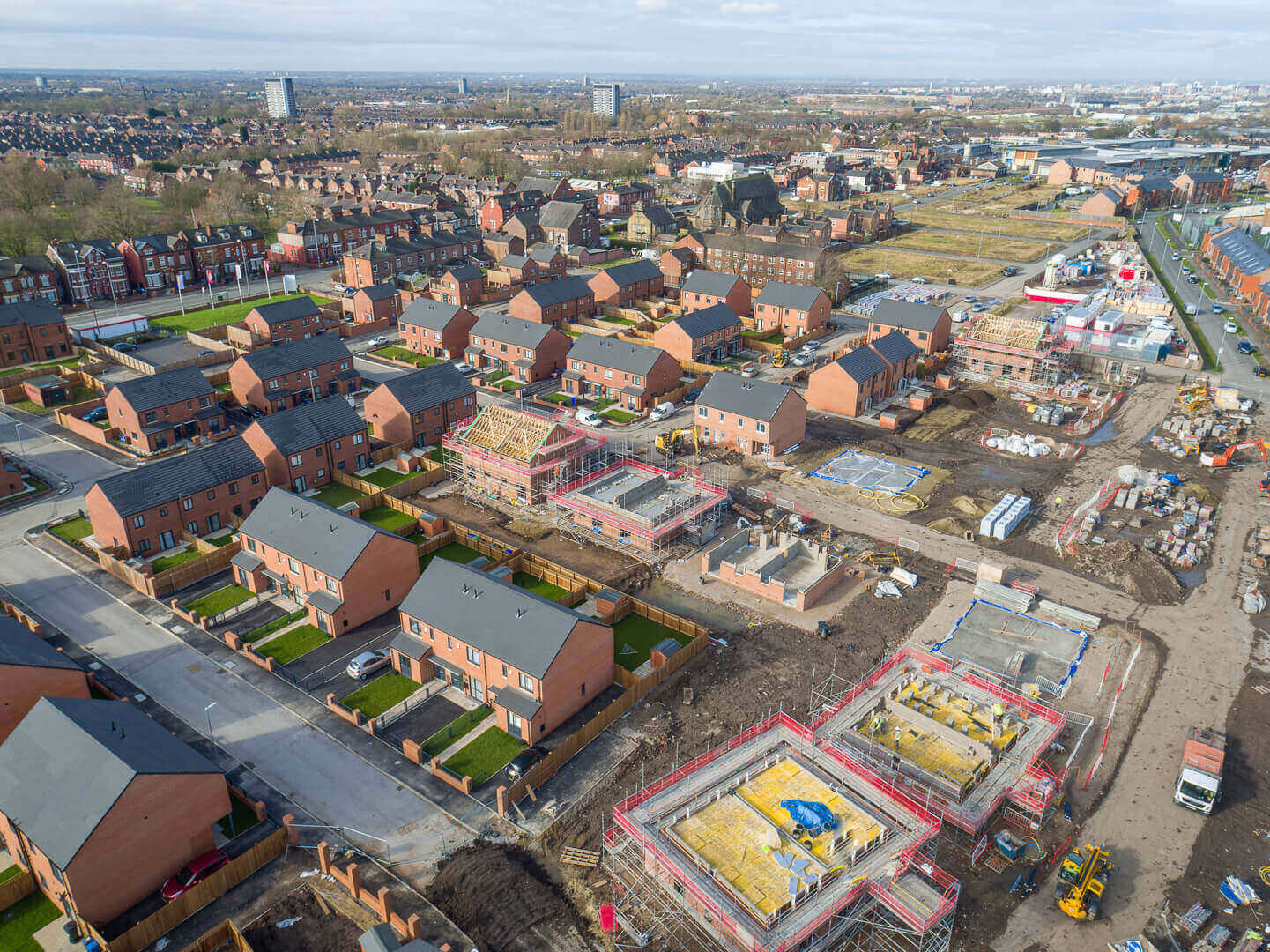 Aerial drone photography of construction progress at Toxteth Street residential development, Manchester