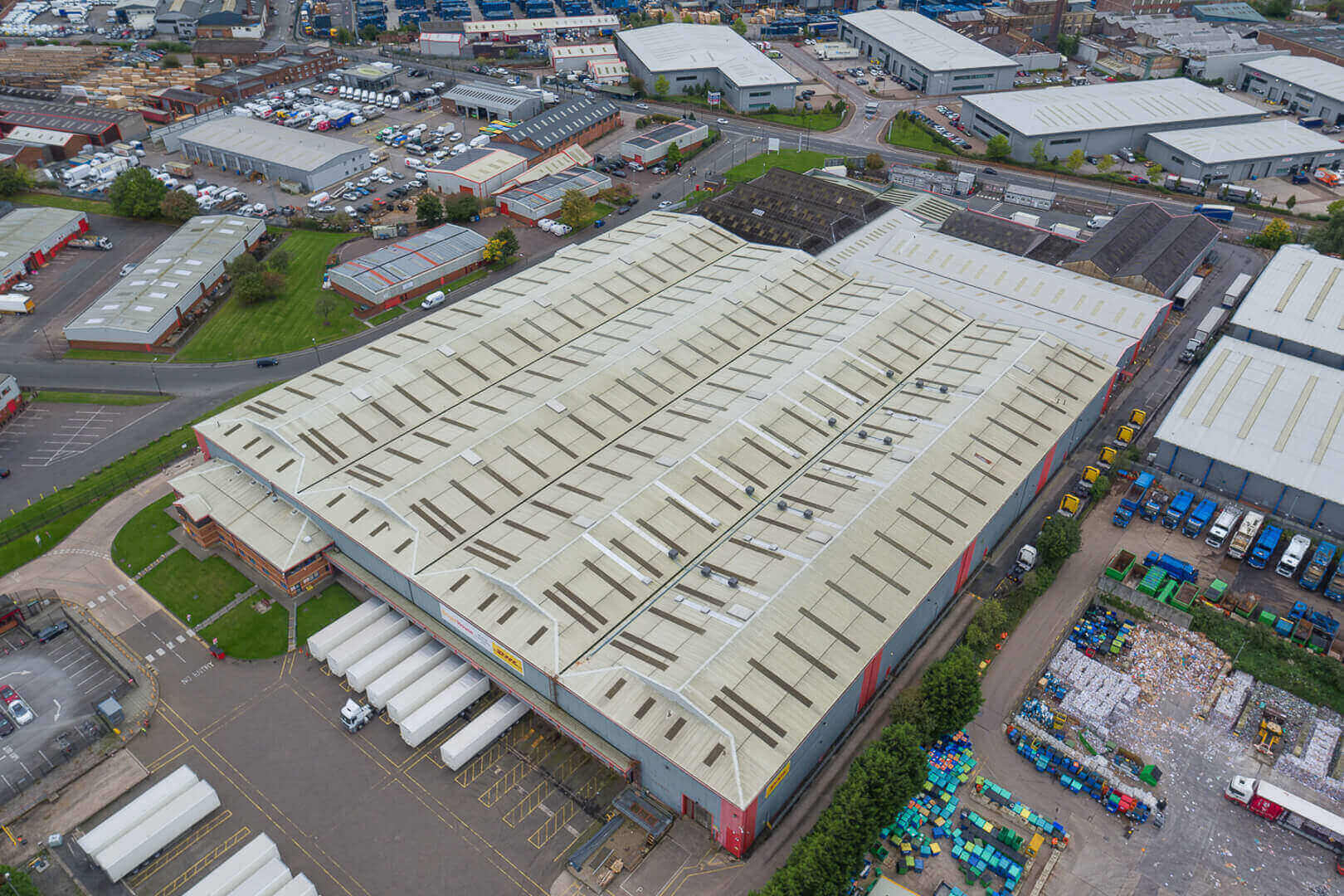 Aerial drone roof survey at BrightHouse industrial unit, Manchester