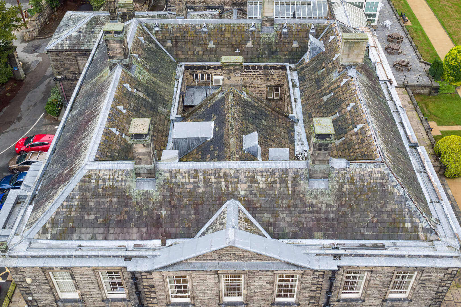Aerial drone roof survey at Esholt Hall, Bradford, Yorkshire