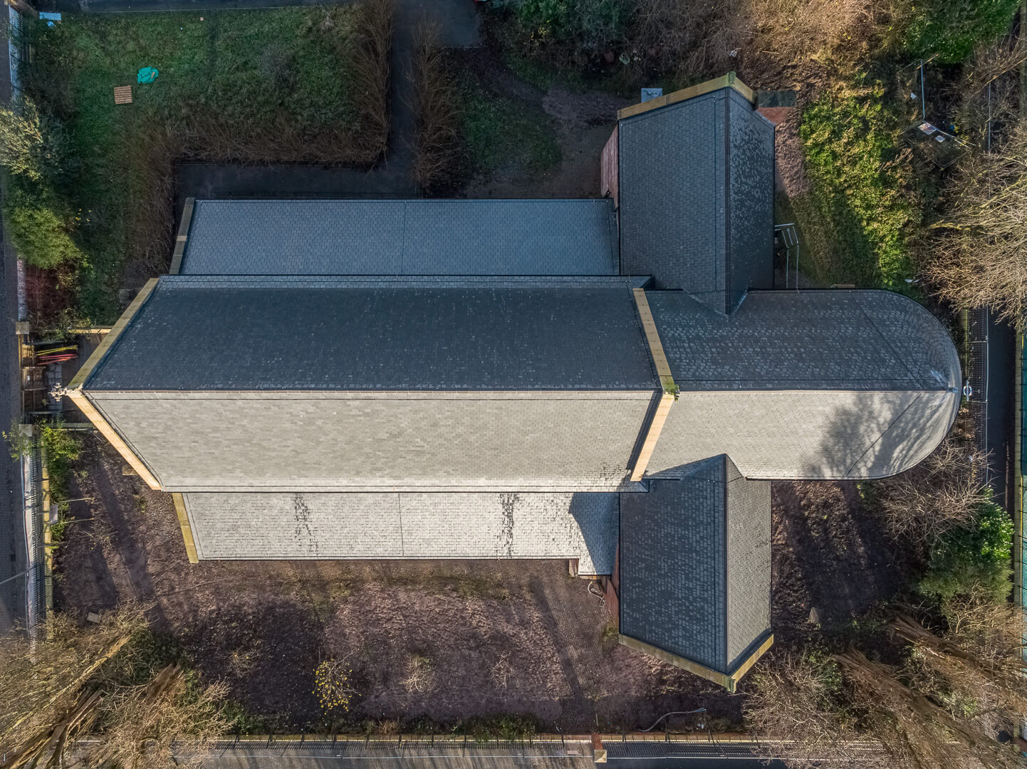 Aerial drone photography of completed Church of The Ascension, Salford following significant construction work after a fire