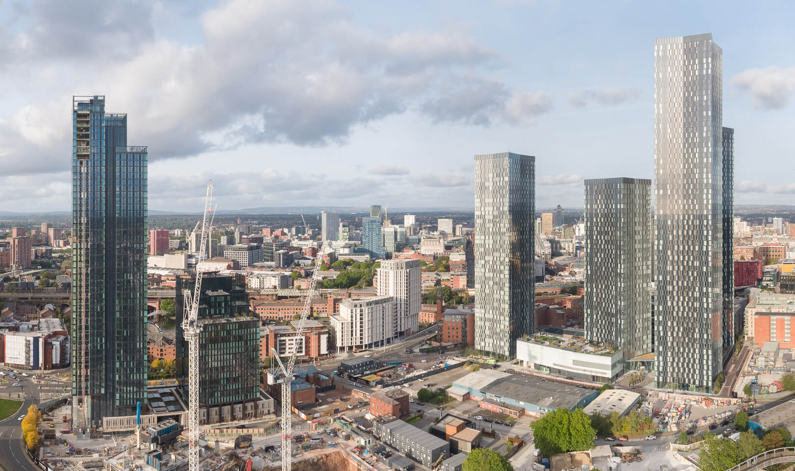 Aerial drone photography of construction progress at the ongoing and completed Renaker developments, Manchester