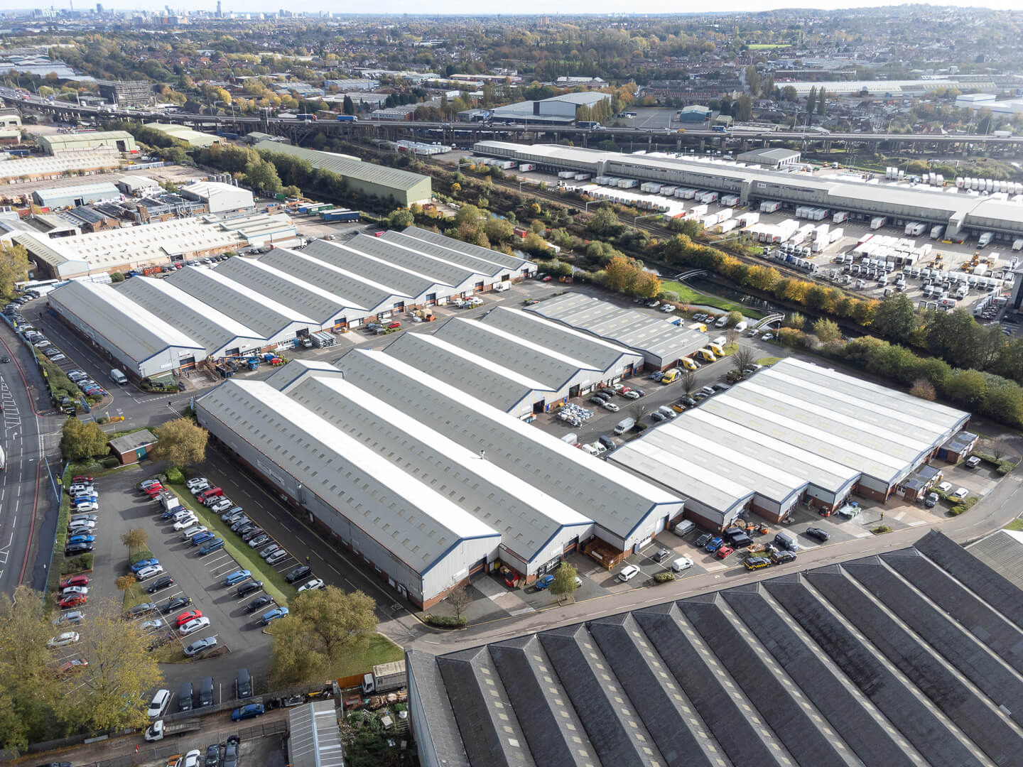 Aerial drone roof surveys of industrial park, Birmingham