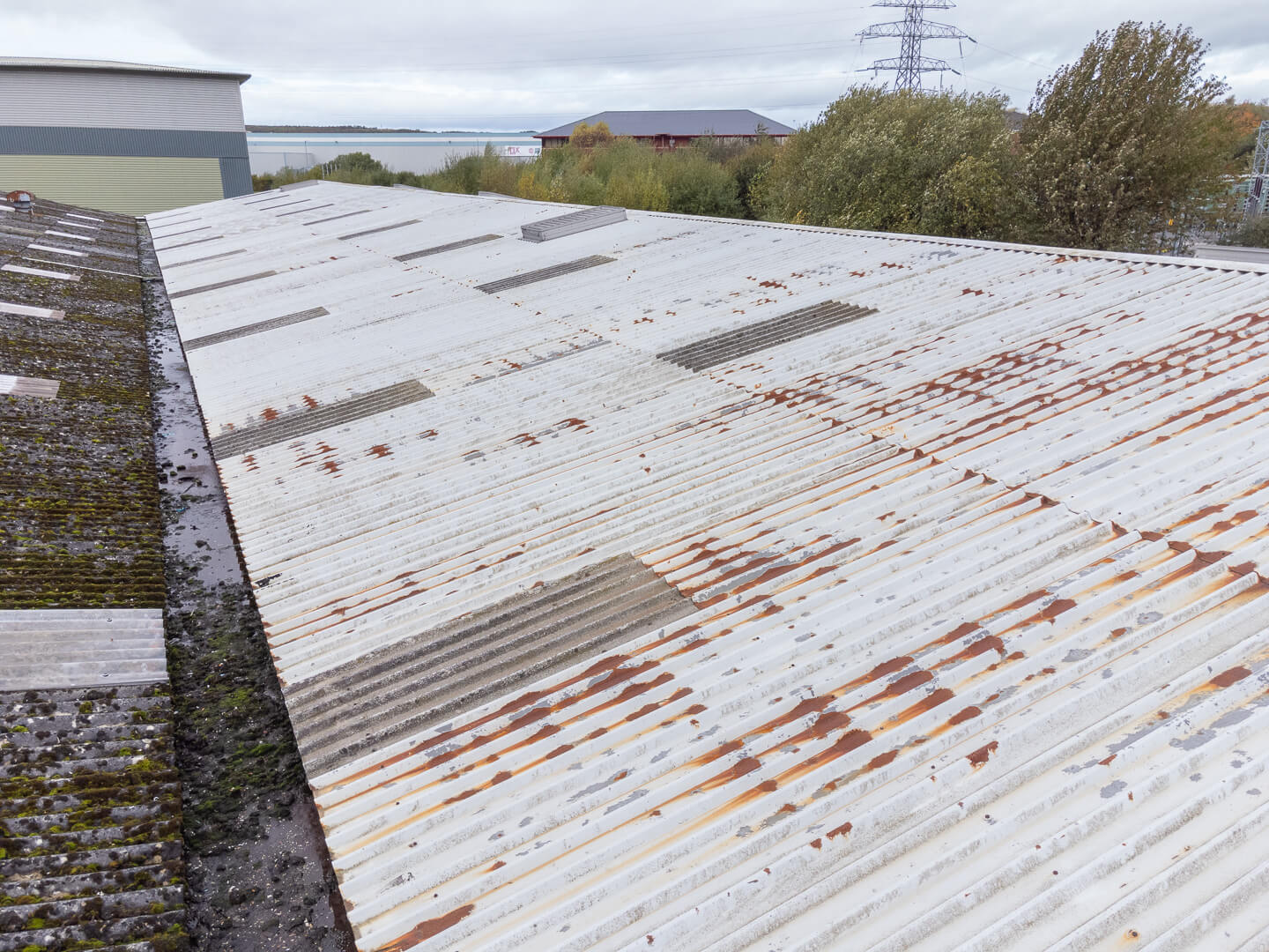 Aerial drone roof surveys of industrial park, Greater Manchester