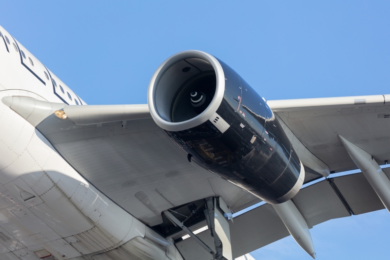 Aviation aircraft photography - The engine of an Air Canada Airbus A330-343, registration C-GEGI landing at London Heathrow (LHR), UK