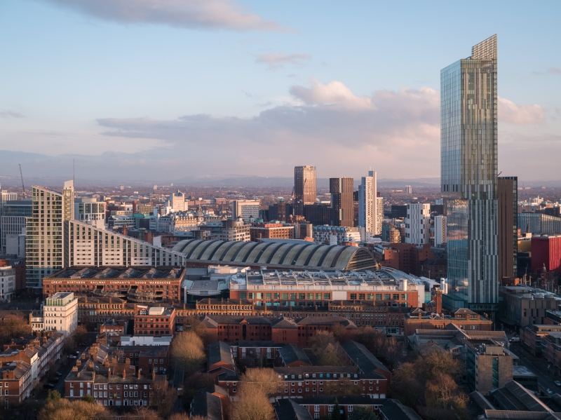Aerial drone photography of Manchester City centre at dusk, including Beetham Tower & Manchester Central