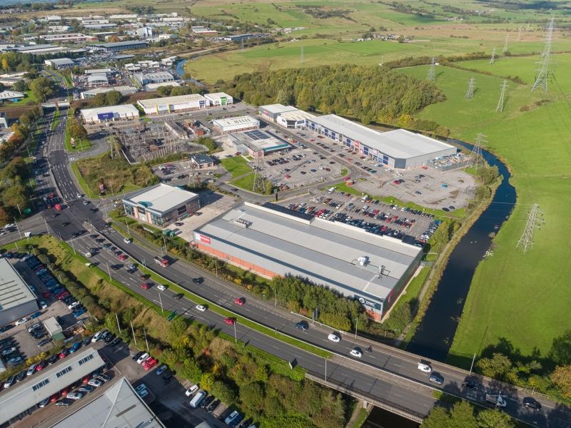 Aerial photography of Hyndburn Retail Park, Blackburn, Lancashire for Peel Land & Property