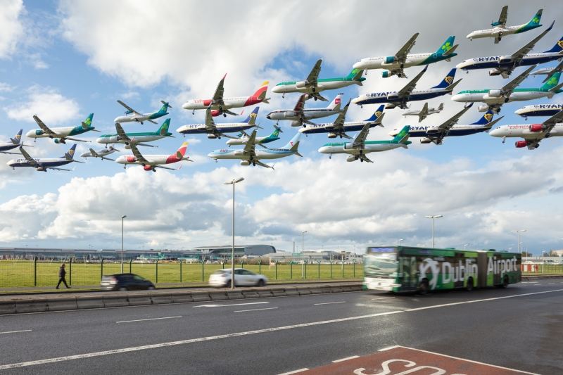A composite / montage of multiple aircraft arriving at Dublin Airport (DUB) south runway 28L, Ireland - Aviation photography by Midi Photography