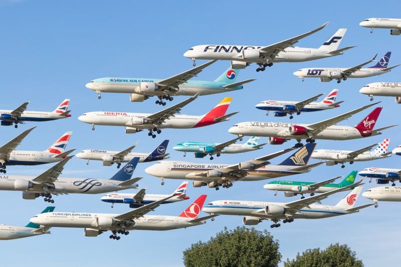 A close up of the larger beautiful composite image of multiple aircraft landing over Myrtle Avenue at London Heathrow (LHR) south runway 27L - Aviation photography by Midi Photography