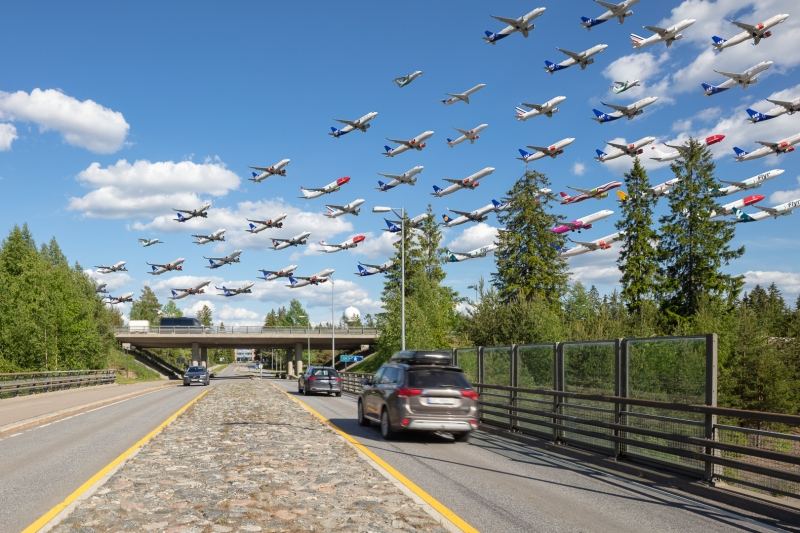 A montage / composite of multiple aircraft departing Oslo Gardermoen Airport (OSL), eastern runway 19L, Norway - Aviation photography by Midi Photography