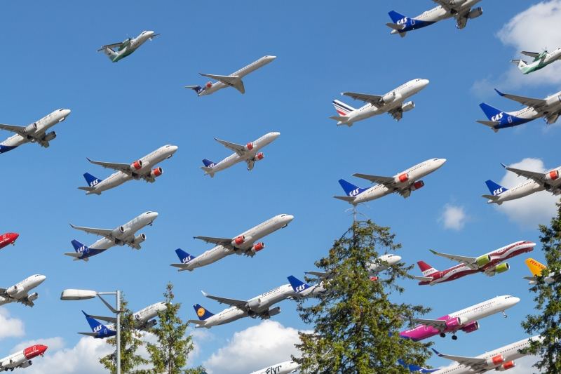 A close up of the larger montage / composite of multiple aircraft departing Oslo Gardermoen Airport (OSL), eastern runway 19L, Norway - Aviation photography by Midi Photography