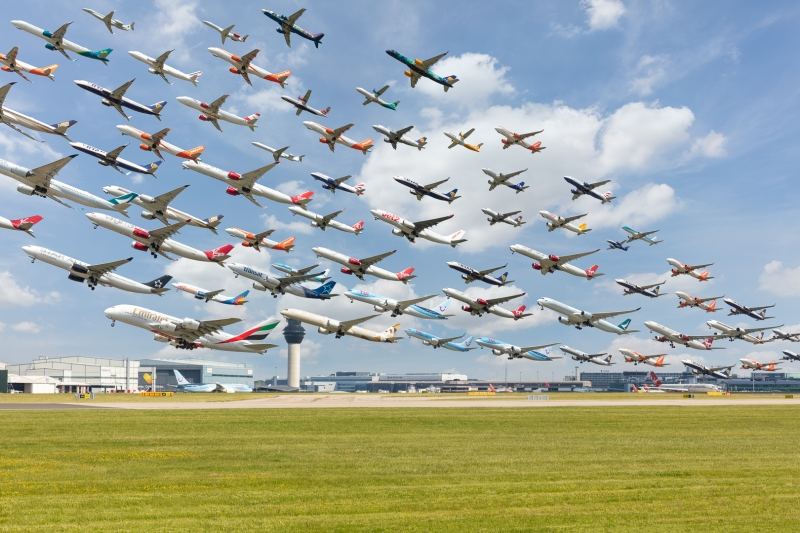 A stunning composite image of multiple aircraft departing Manchester Airport (MAN) runway 23L - Aviation photography by Midi Photography