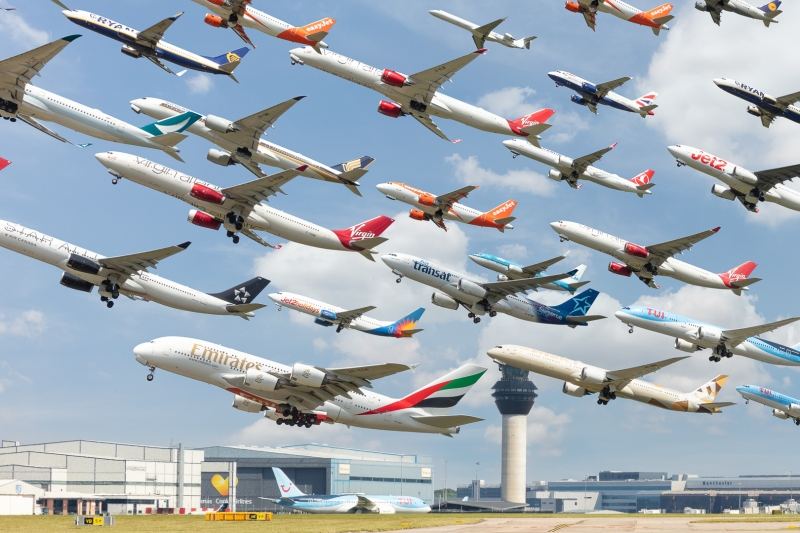A close up of the larger stunning composite image of multiple aircraft departing Manchester Airport (MAN) runway 23L - Aviation photography by Midi Photography