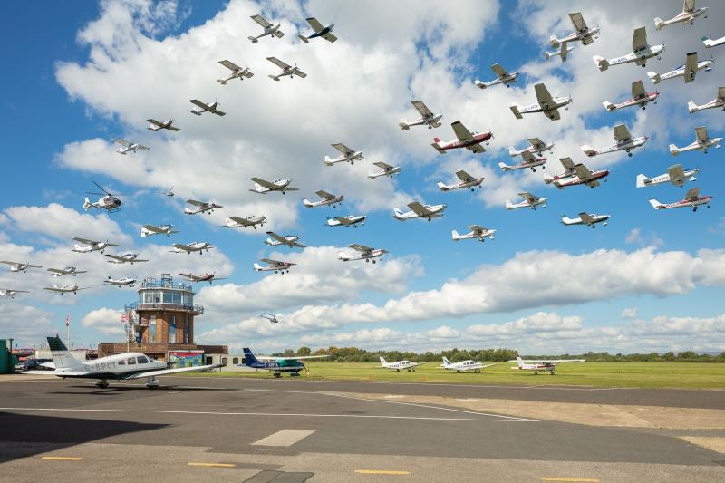 Multiple aircraft composited onto a single image departing Manchester Barton Aerodrome, UK - Aviation photography by Midi Photography