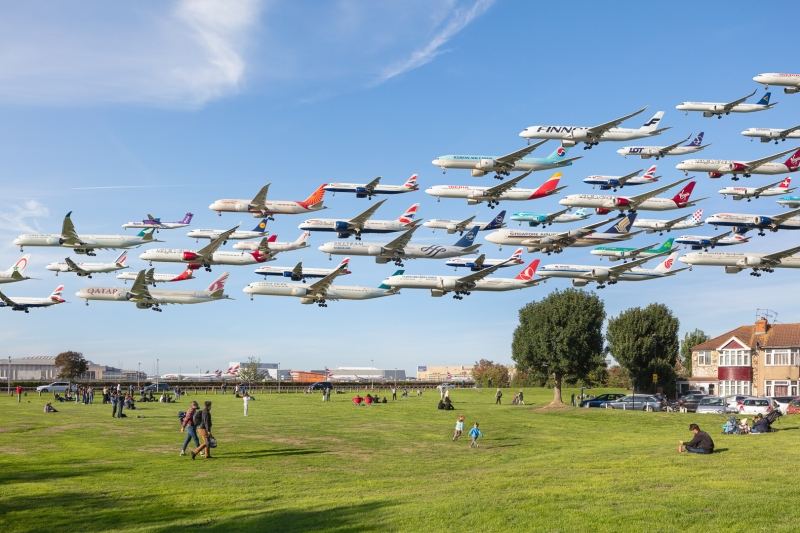 A beautiful composite image of multiple aircraft landing over Myrtle Avenue at London Heathrow (LHR) south runway 27L - Aviation photography by Midi Photography