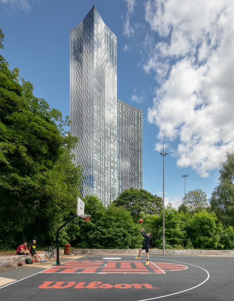 Hulme Park basketball court and Renaker's Deansgate Square development, Manchester - Architectural photography by Midi Photography