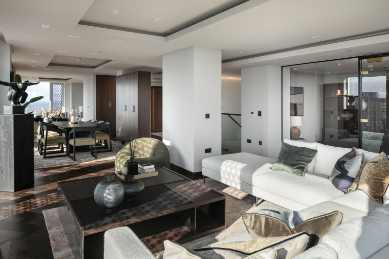 The living and dining areas of the penthouse apartment at Viadux residential development, Manchester. Photographed for Salboy - Midi Photography