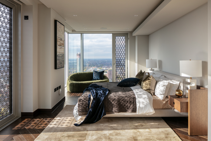 A bedroom of the penthouse apartment at Viadux residential development, Manchester. Photographed for Salboy - Midi Photography
