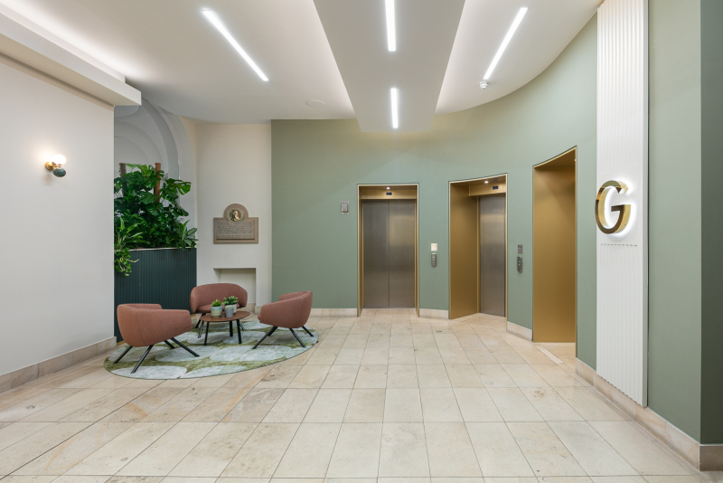 Lift lobby in the newly refurbished Ship Canal House, Manchester - Office photography by Midi Photography